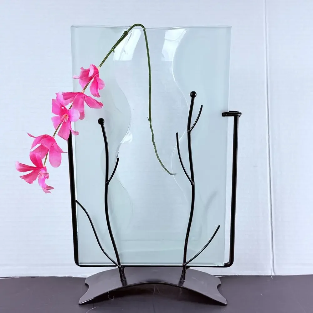 Modern Fused Art Glass Vase Frosted Wavy Clear Black Metal Stand Abstract 13.5